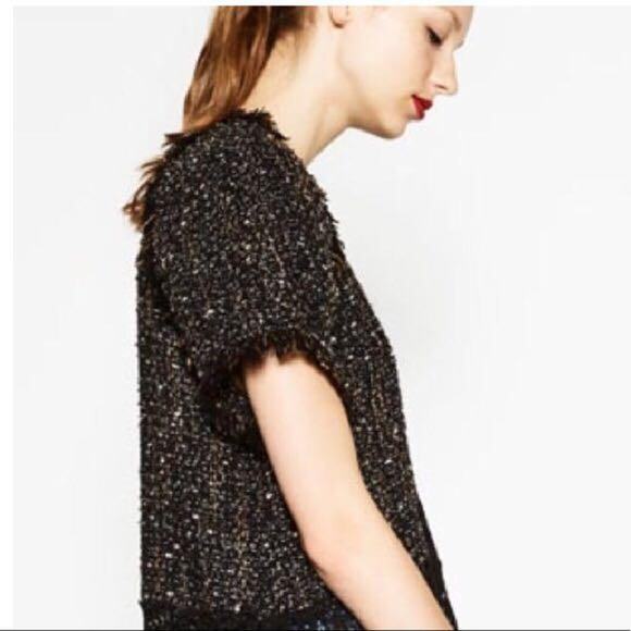 Zara speckled tweed raw edge lace detail top size Large - Picture 4 of 14